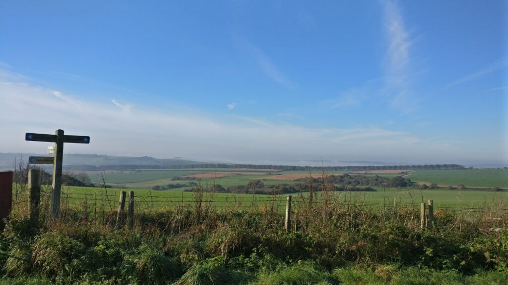 Rural landscape with a cross-shaped signpost, wooden fence, and rolling green fields under a clear blue sky.