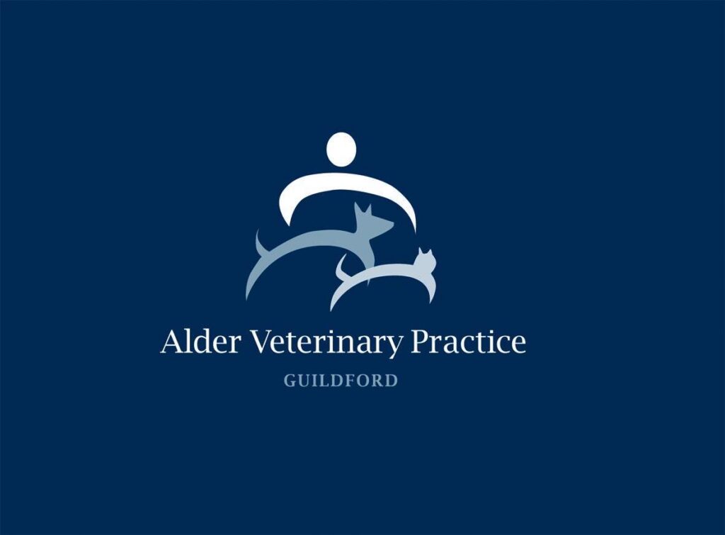 Alder Veterinary Practice Guildford logo featuring a white stylized human figure with cat and dog silhouettes on a dark blue background.