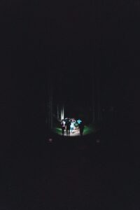 A small group of people stands in a bright circle of light in a dark forest at night.