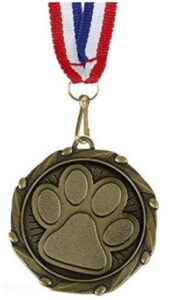 Bronze circular medal with a paw print emblem and a red, white, and blue ribbon.
